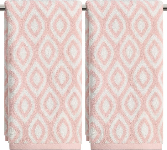 Artoid Mode 2 Pcs Beige Pink Diamond Grid Jacquard Hand Towels for Bathroom, 100% Cotton Soft Absorbent Bathroom Decor Towels, 13.7 x 29.5 Inch