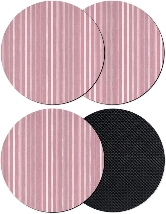 Pink Striped Coasters Set of 4, Absorbent Coasters for Drinks, Farmhouse Stripes Modern Vintage Coaster for Bar Office Dining Coffee Table Accessories Decor, Non Slip Round Desk Coaster