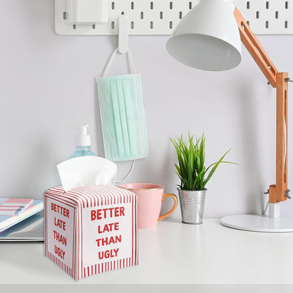 Better Late Than Ugly Pink Tissue Box Cover, Pink Bathroom Decor, Square Decorative Tissue Box Holder, for College Girls Women, Leather Toilet Paper Cover for Dorm Tabletop-A36