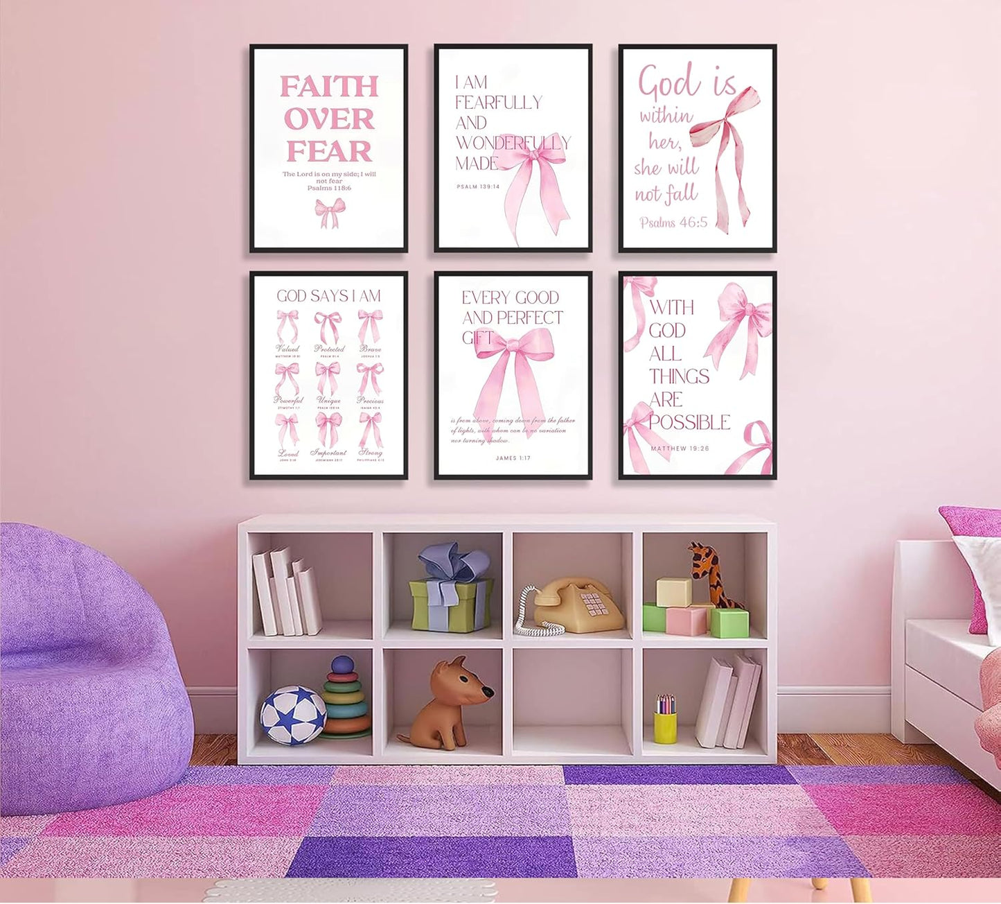 6Pcs Pink Christian Wall Art Inspirational Verse Posters Print Cute Coquette Bow Canvas Pictures for Girls Room Dorm Bathroom Bedroom Wall Decor 8x10In Unframed