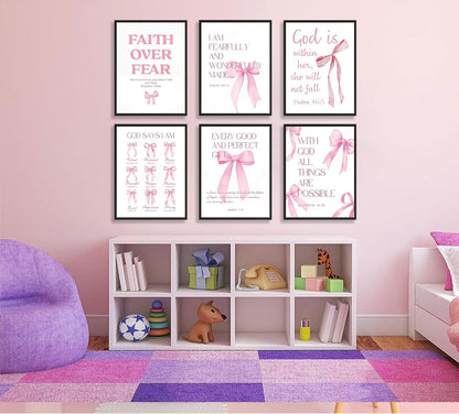 6Pcs Pink Christian Wall Art Inspirational Verse Posters Print Cute Coquette Bow Canvas Pictures for Girls Room Dorm Bathroom Bedroom Wall Decor 8x10In Unframed