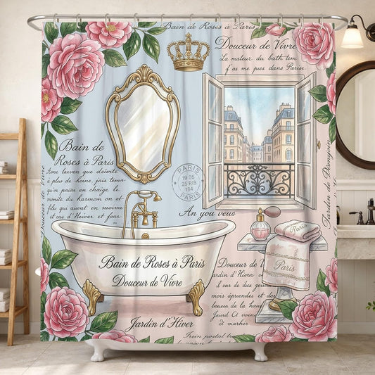 Bathtub Shower Curtain, Vintage Parisian Mirror Royal Spring Peach Polyester Waterproof Toile Cloth Shower Curtains for Home Bathroom Toile Hotel Decor 72x78 Inch