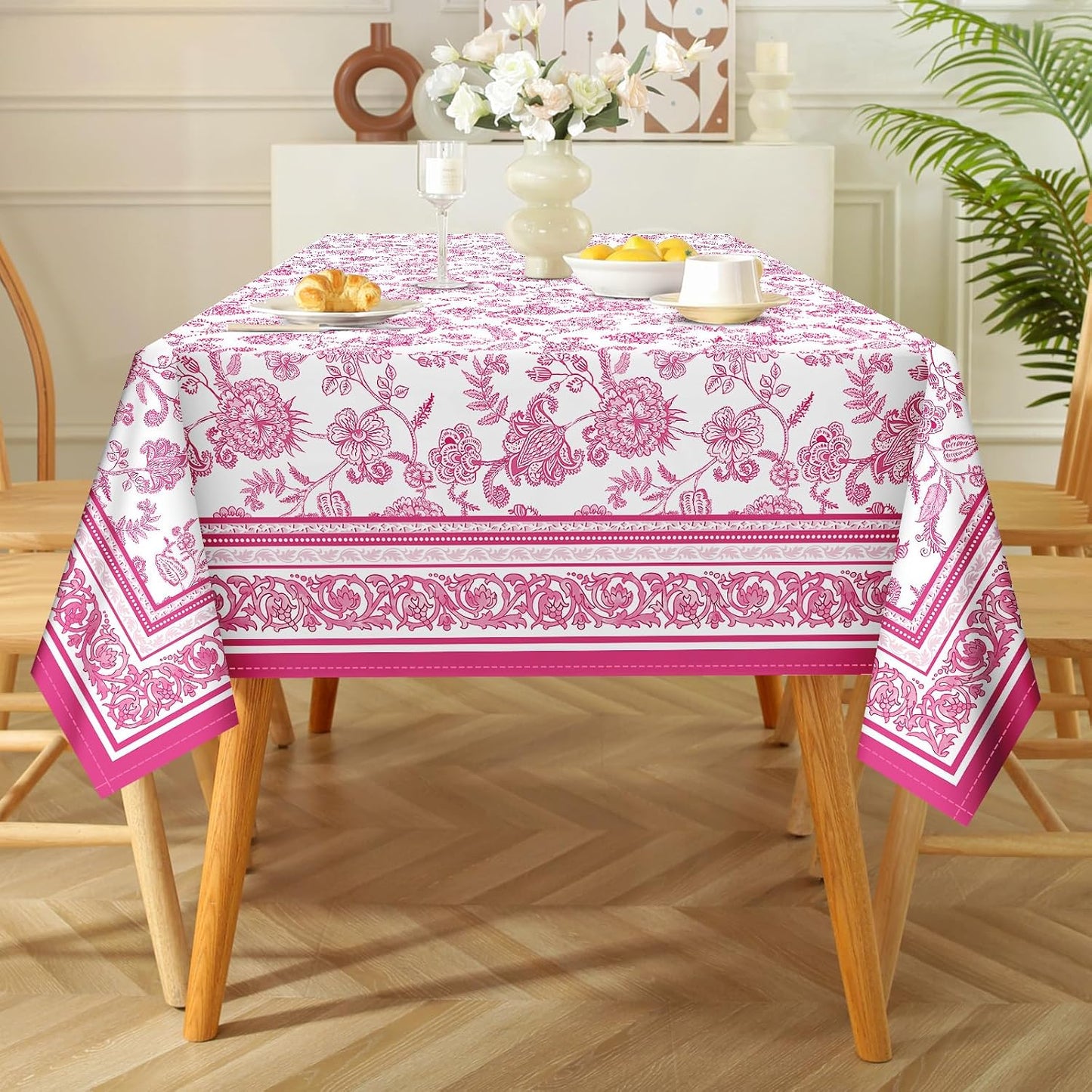 Rustic Pink Floral Tablecloth Waterproof, Classic French Country Table Cloth Rectangle Stain Resistant, Washable Table Cover for Home Kitchen Dining Party Decoration (55×70 Inch)