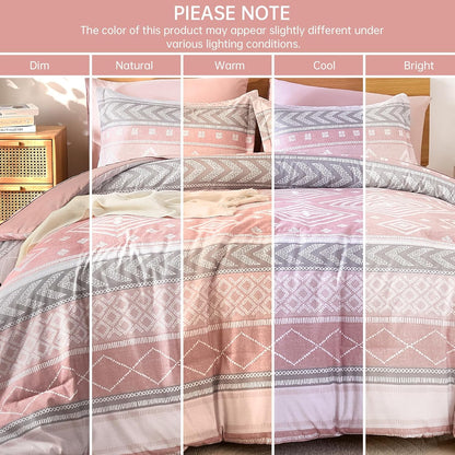 Yiran Comforter Set Queen Size, 7 Pieces Boho Aztec Bed in a Bag, Blush Pink Southwestern Bedding Sets for All Seasons, Lightweight Comforter Bed Set with Sheets, Pillowcases & Shams
