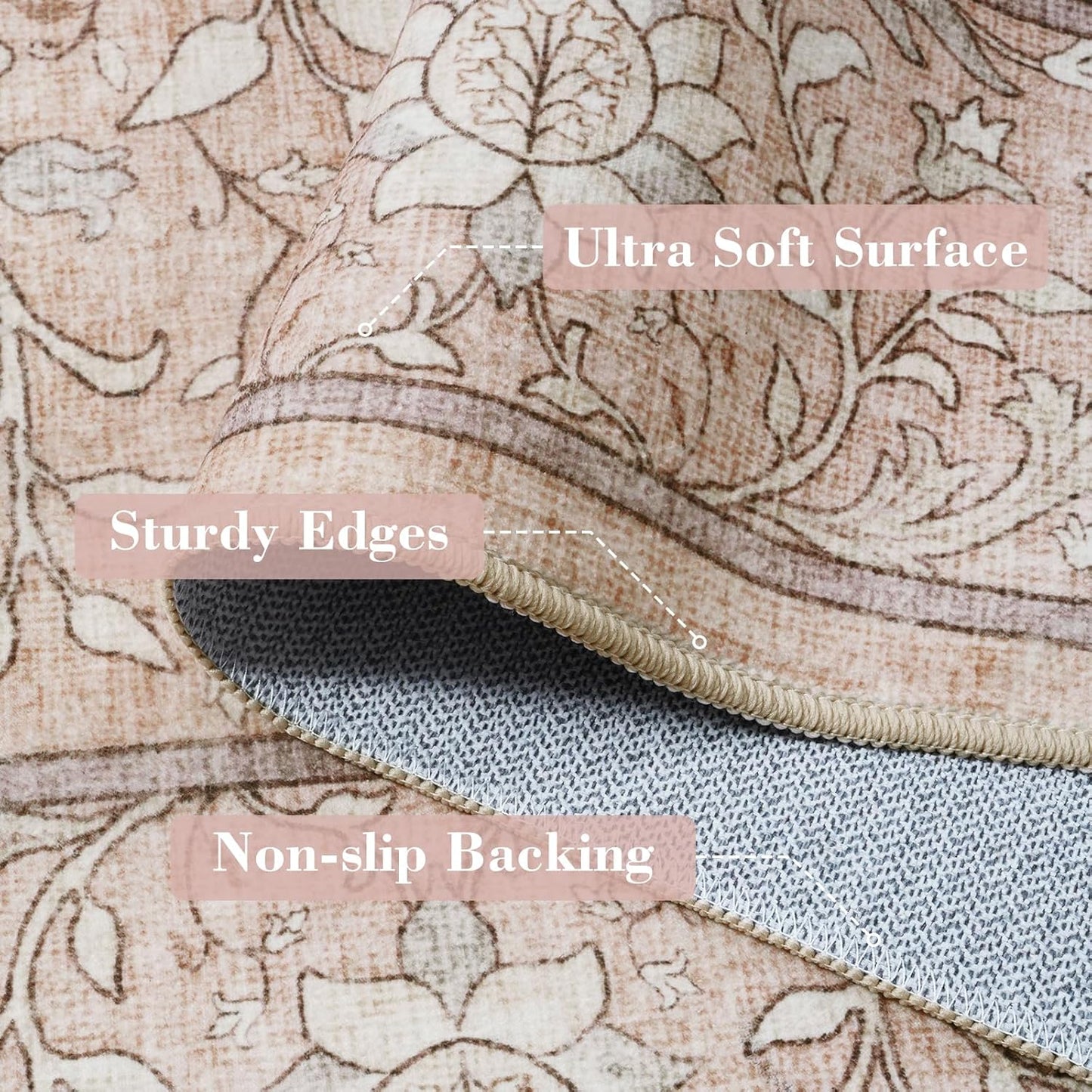 Collive 5x7 Area Rugs, Machine Washable Floral Living Room Bedroom Rug, Vintage Distressed Neutral Non Slip Low Pile Throw Carpet, Soft Retro Rugs for Dining Room Nursery Office, Pink Grey