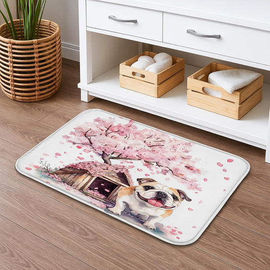 Fanciful Floral Quick Dry Bath Mat, Peach Dog and Cherries Blossom Absorbent Non Slip Shower Mat, Spring Decorative Washable Bath Rugs for Bathroom Toilet Restroom 20x32 Inch