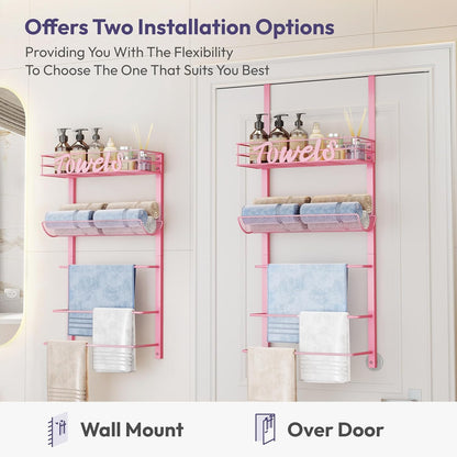 SWTYMIKI SWTYMIKI Over the Door Towel Racks for Bathroom - 5-Tier Wall Mounted Bathroom Towel Storage Organizer Holder with Metal Shelf, Pink