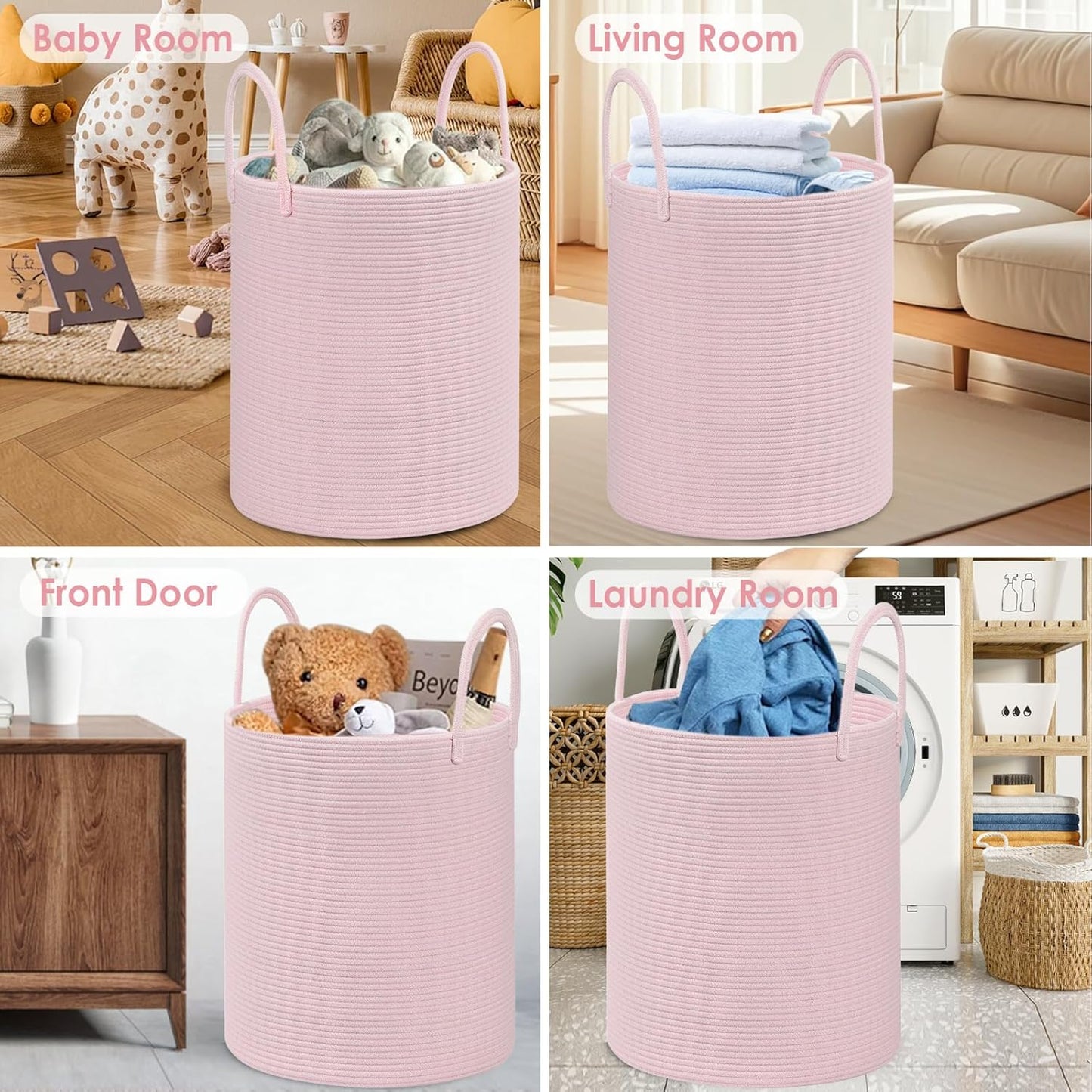 Cotton Rope Storage Basket with Handles, Large 60L Collapsible Laundry Hamper for Clothes, Sturdy Nursery Organizer Blanket Basket for Living Room,Toy Bin for Kids Bed Room,15"x15"x18",Pink