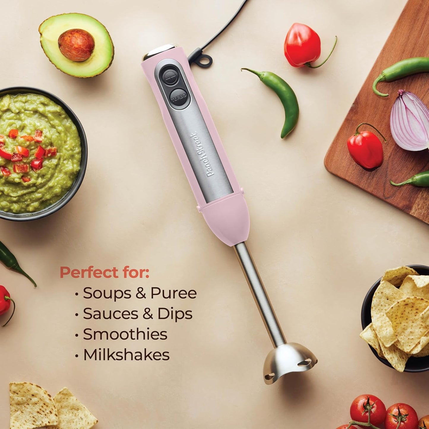 Powerful Immersion Blender, Electric Hand Blender 500 Watt with Turbo Mode, Detachable Base. Handheld Kitchen Blender Stick for Soup, Smoothie, Puree, Baby Food, 304 Stainless Steel Blades (Pink)
