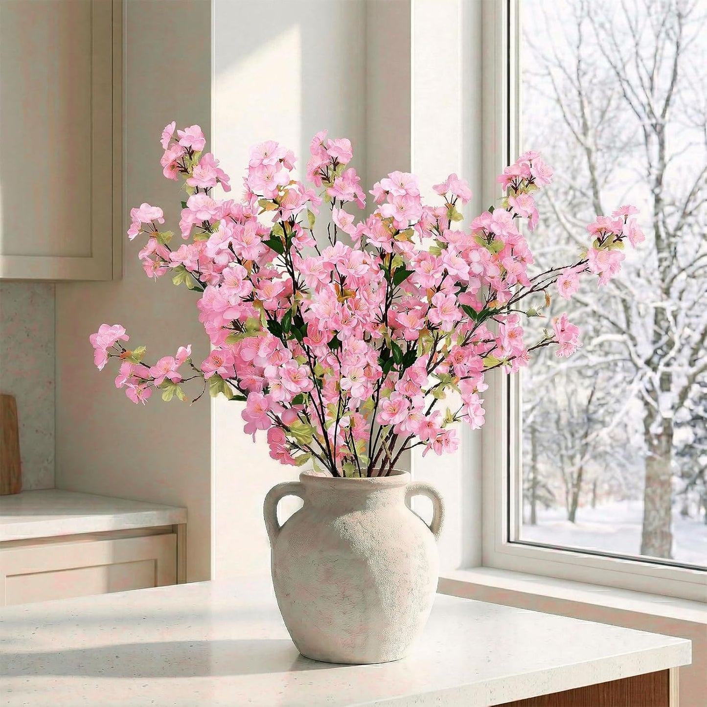 6Pcs Pink Artificial Cherry Blossom Branches for Home Decor 27’’ Faux Silk Long Stem Flowers for Spring Dining Wedding Party Decoration Indoor Table Centerpieces