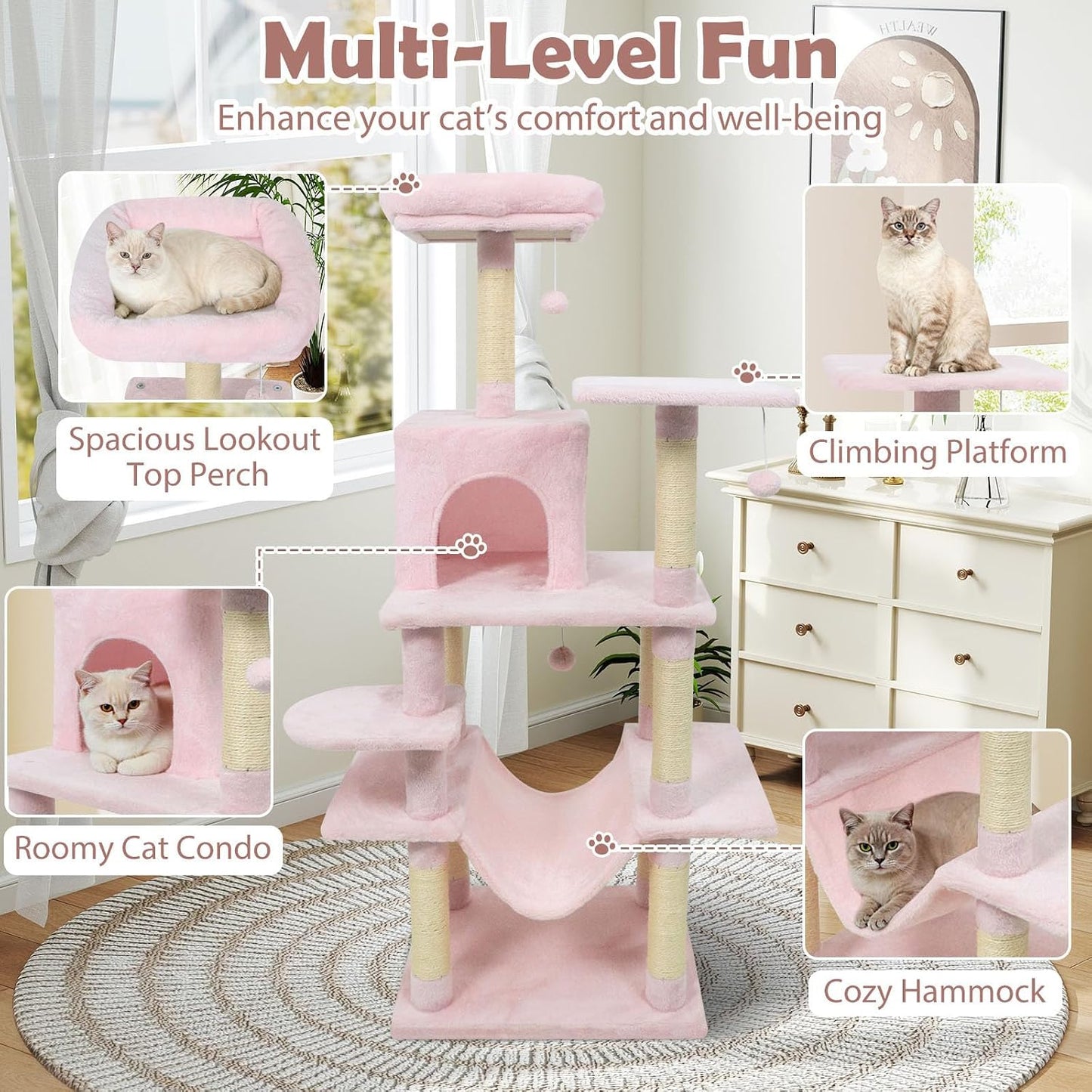 Tangkula 58 Inch Pink Cat Tree, Multi-Level Cat Tower with Sisal Scratching Posts, Padded Top Perch, Condo & Hammock, 3 Hanging Balls, Jumping Platforms for Indoor Cats (Pink)