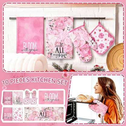 Fourluoo 10 Pcs Pink Floral Kitchen Decor Sets 4 Rose Kitchen Dish Towels 2 Hydrangea Pot Holders 2 Oven Mitts Glove 2 Pink Flowers Rustic Non Slip Rugs and Mats for Floor Home Accessories Mom Gift