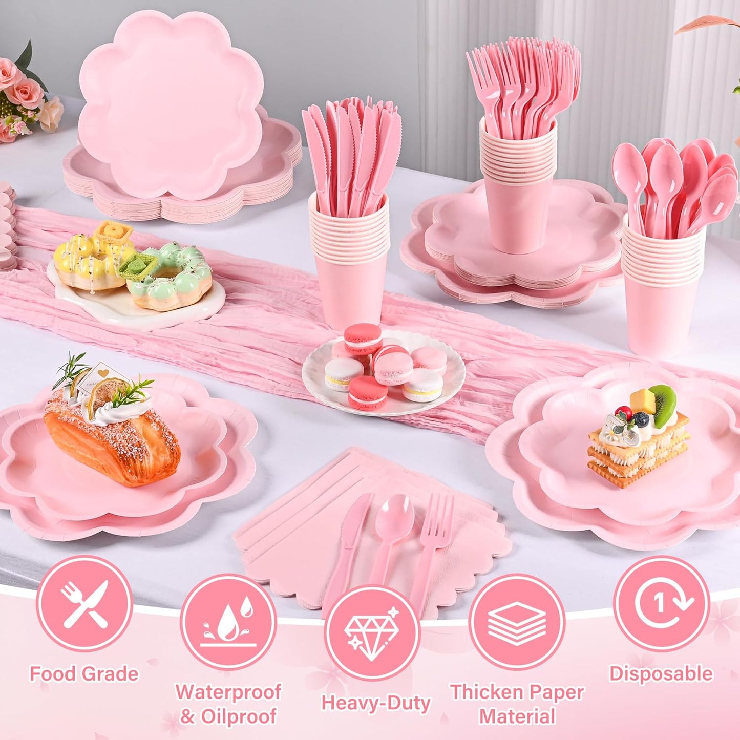 350 Pcs Pink Paper Plates and Napkins Set, Tableware Set for 50 Guests Include Disposable Pink Scalloped Plates, Napkins, Cups, Knives, Forks & Spoon for Baby Shower Wedding Bridal Shower Birthday
