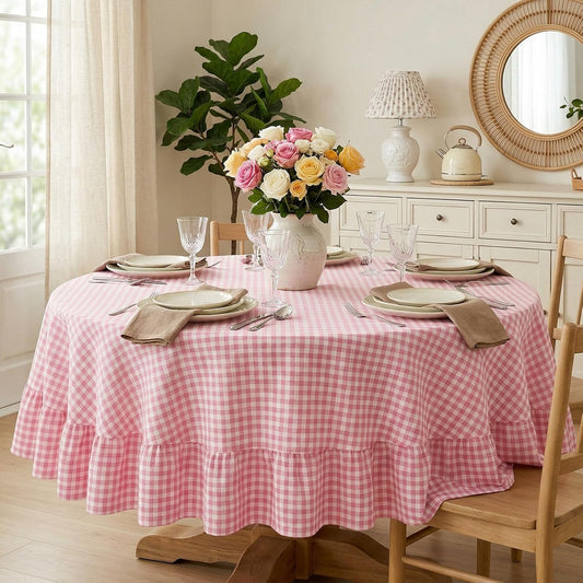 Mindsoft Plaid Ruffled Table Cloth Cotton Linen Fabric Checkered Gingham Tablecloth Farmhouse Vintage Buffalo Plaid Decorative Table Cover for Dining Room Party(70 x 70 Inches,Light Pink)