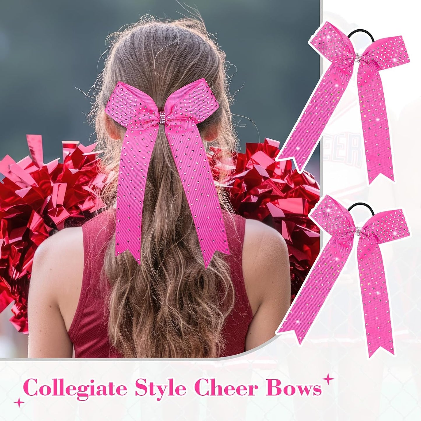 DEEKA 12 Count Pink Collegiate Style Cheer Bows with Rhinestones - Handmade Hair Accessories for Girls, Teens, Cheerleaders and Softball Players