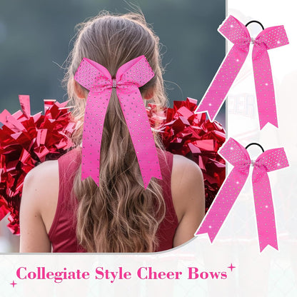 DEEKA 12 Count Pink Collegiate Style Cheer Bows with Rhinestones - Handmade Hair Accessories for Girls, Teens, Cheerleaders and Softball Players
