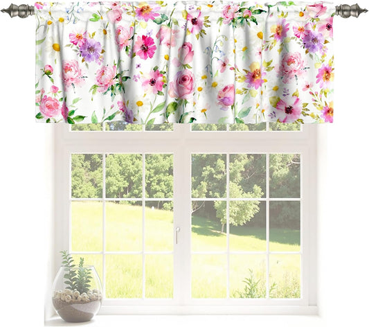 Miaoquhe Pink Floral Kitchen Curtain Valance 54"x18" Watercolor Rose Daisy Valances for Windows Farmhouse Spring Summer Flower Short Small Window Treatment Rod Pocket Valance for Living Room Decor