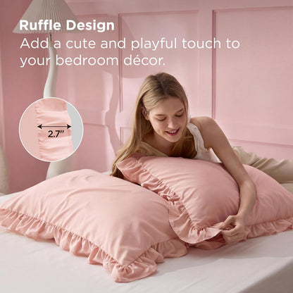 Bedsure Ruffle Pillow Cases, Pillow Shams Standard Size Set of 2, Double Brushed Microfiber, Decorative Ruffled Pillow Covers with Envelope Closure, Wrinkle Fade Resistant, 20" x 26", Blush Pink