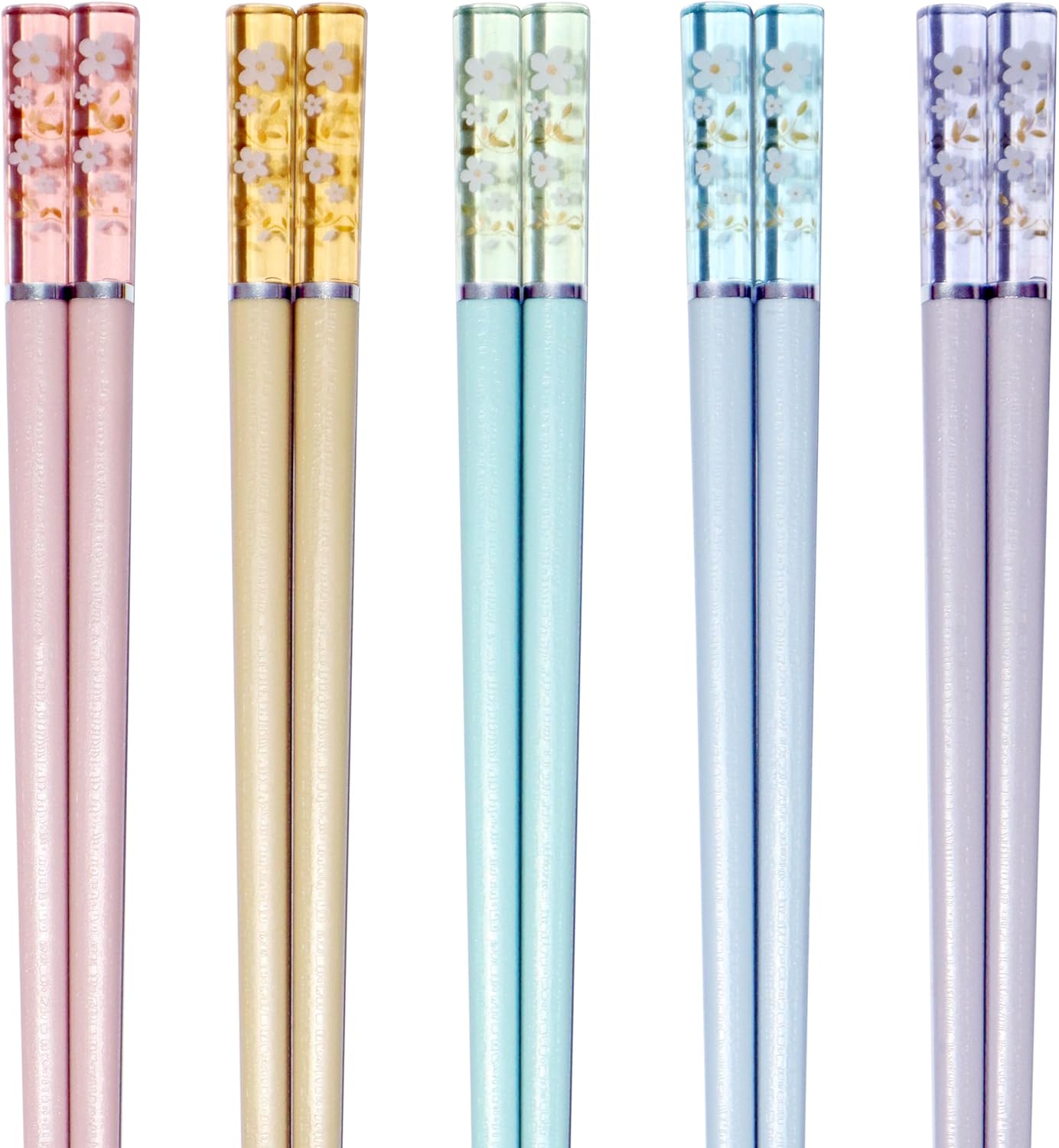 5 Pairs Fiberglass Chopsticks - Amber Cherry Blossom Pattern, Multicolor - Japanese & Korean Chopsticks - Reusable, Dishwasher Safe - Yellow, Pink, Blue, Green, Purple