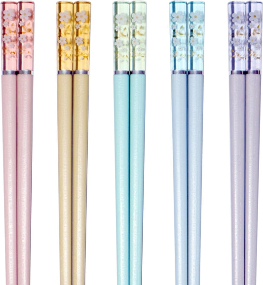 5 Pairs Fiberglass Chopsticks - Amber Cherry Blossom Pattern, Multicolor - Japanese & Korean Chopsticks - Reusable, Dishwasher Safe - Yellow, Pink, Blue, Green, Purple