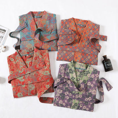 Women's 100% Cotton Printed Bathrobe Soft Double-layer Gauze Lightweight Midi Sleepwear Shower Kimono Robe