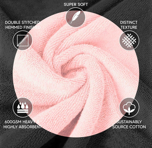 Luxury Pink Towel Set of 8-2 Bath Towels 2 Hand Towels 4 Washcloths - 600 GSM 100% Cotton Ring Spun Viscose Border Towels Set - Light Pink