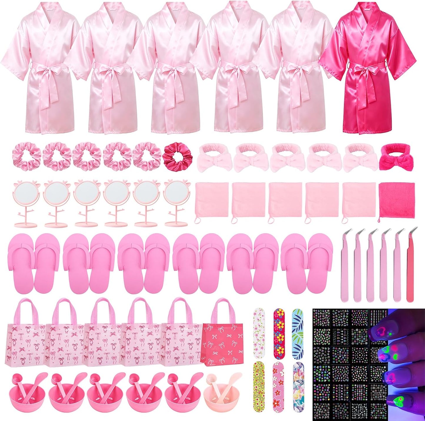 6 Set Spa Party Supplies Kit,83pcs with Satin Robes Headbands Slippers for Sleepover Slumber Birthday Party Gifts