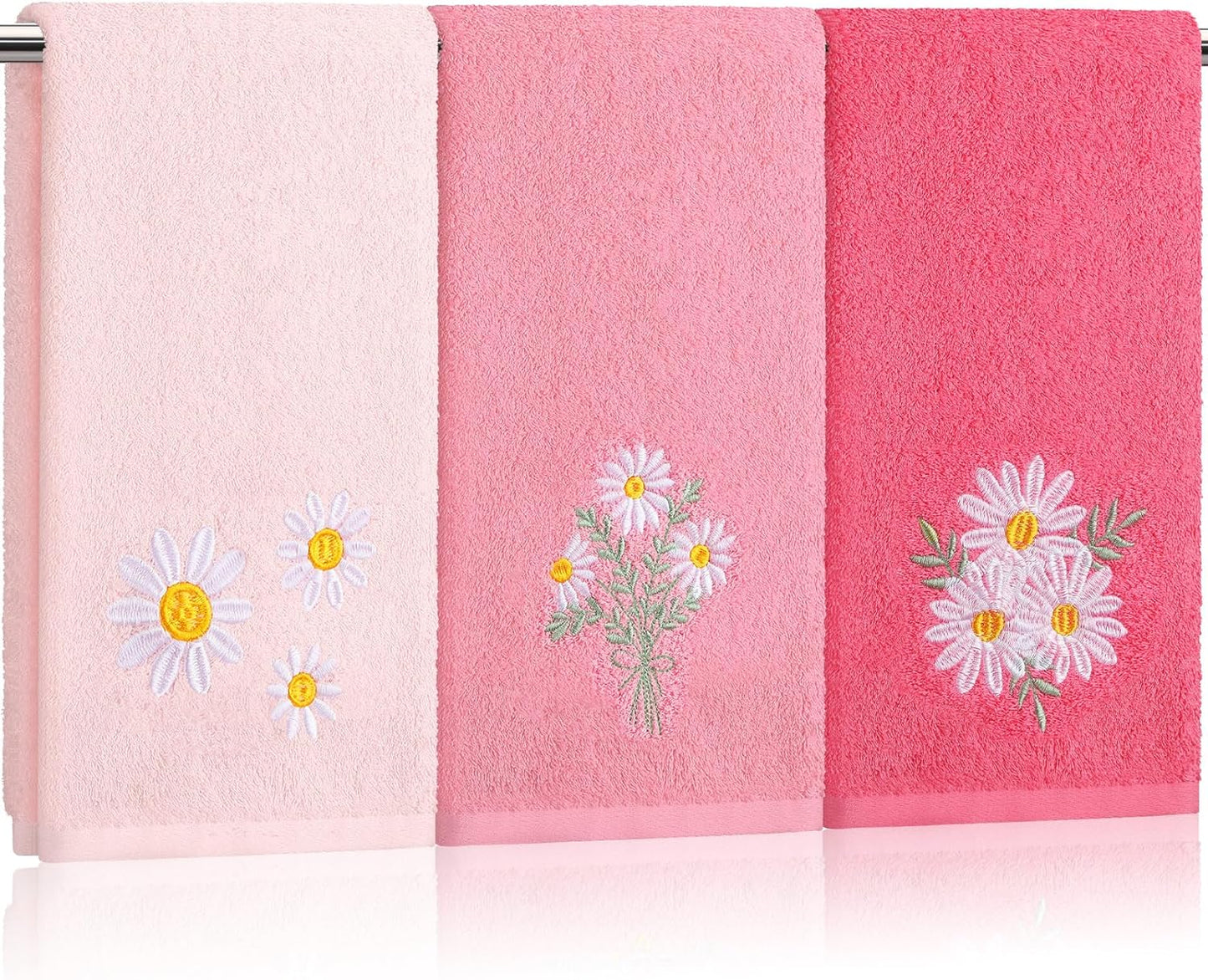 Tingjoo 3 Pcs Pink Daisy Floral Hand Towels Spring Flower Bath Towels 14x29 Inch Soft Washable Embroidered Decorative Cute Summer Cotton Soft Absorbent Decor for Bathroom Kitchen