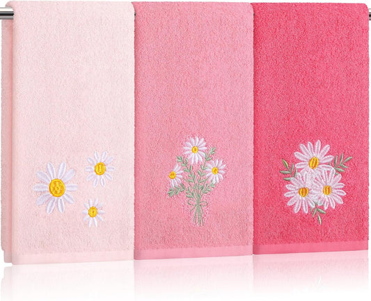 Tingjoo 3 Pcs Pink Daisy Floral Hand Towels Spring Flower Bath Towels 14x29 Inch Soft Washable Embroidered Decorative Cute Summer Cotton Soft Absorbent Decor for Bathroom Kitchen