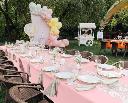Oudain 6 Pcs Plastic Tablecloth Disposable Rectangular Tablecloth 54 x 108 Inch Tea Party Table Cover Lace Table Runner for Wedding Birthday Baby Shower Anniversary Decoration (Pink)
