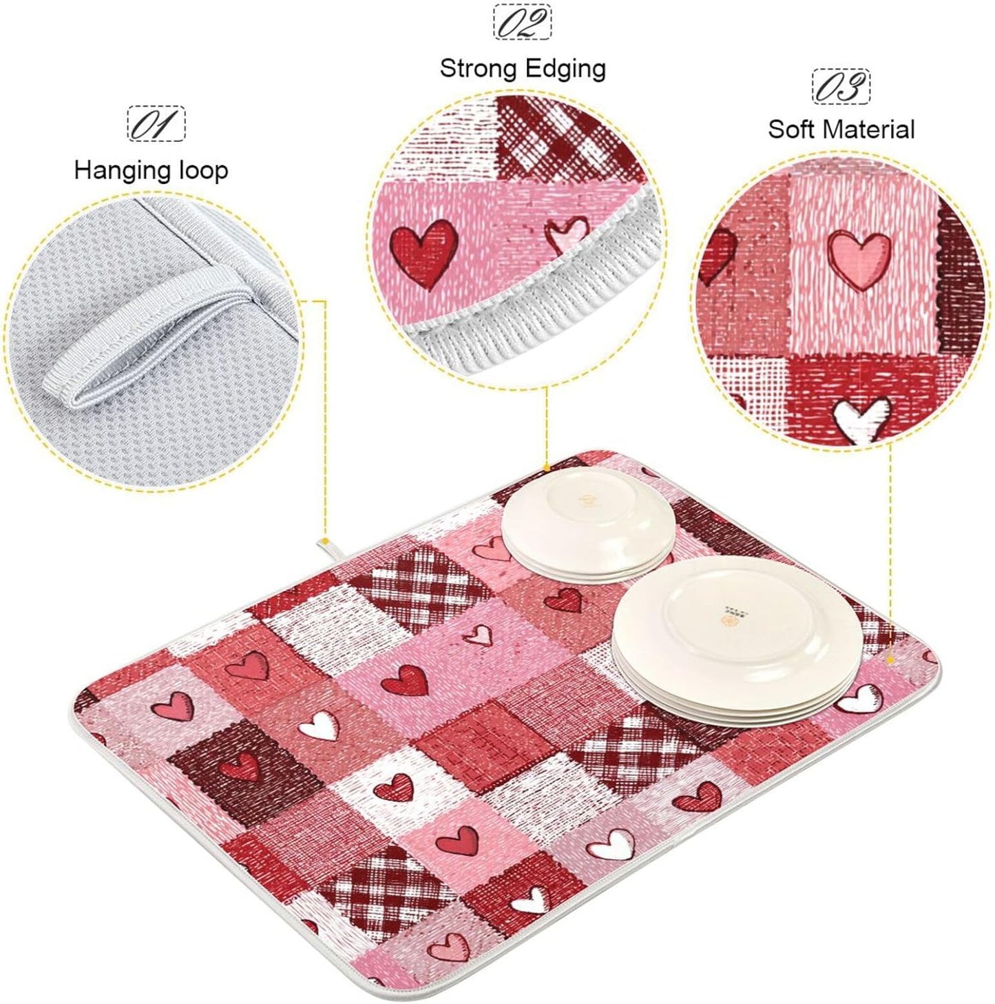 Boccsty Valentine's Day Hearts Dish Drying Mat for Counter Pink Tartan Plaid Flower Drying Kitchen Mats Coffee Bar Mats for Countertops Dishes Utensils Sinks 16 x 18 IN