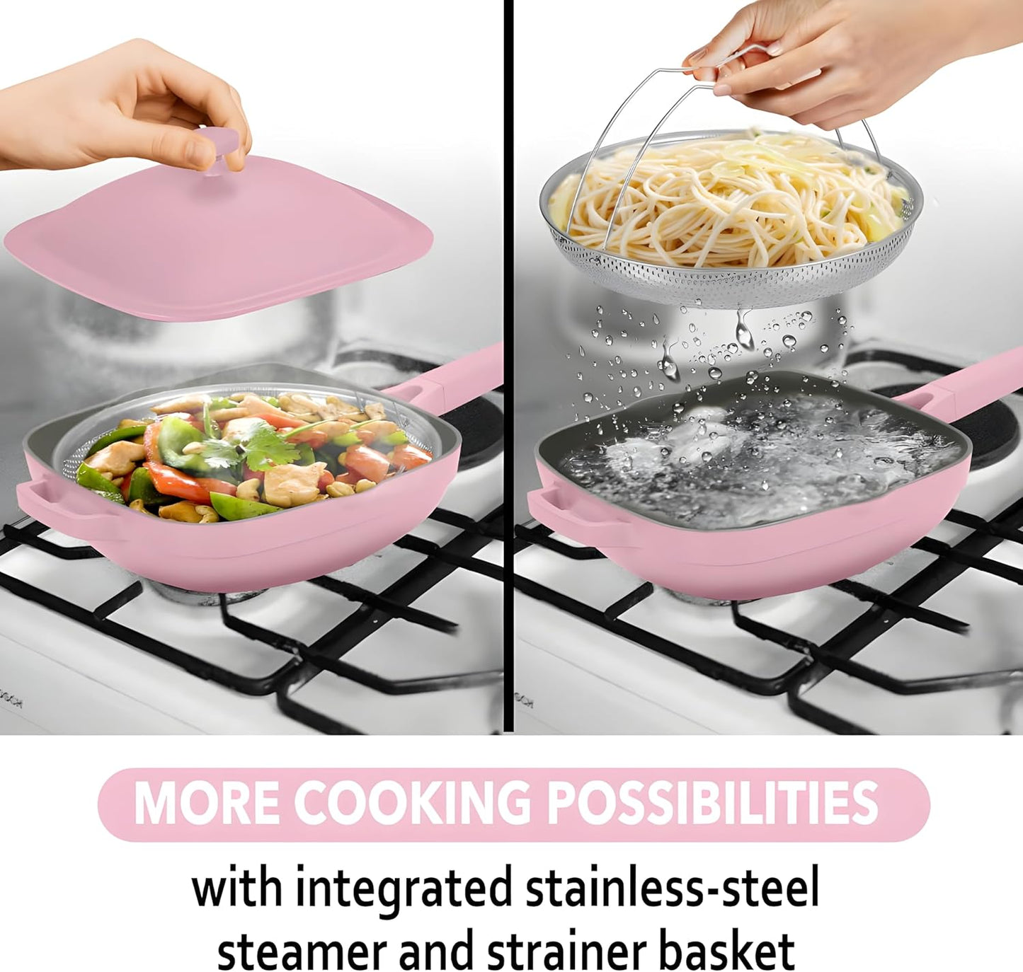 11" Square Ceramic Nonstick Frying Pan with Lid & Steamer Basket – Deep Saute Pan Skillet, PFAS-Free Non Toxic Cast Aluminum, Induction Compatible, Dishwasher Safe, Pink