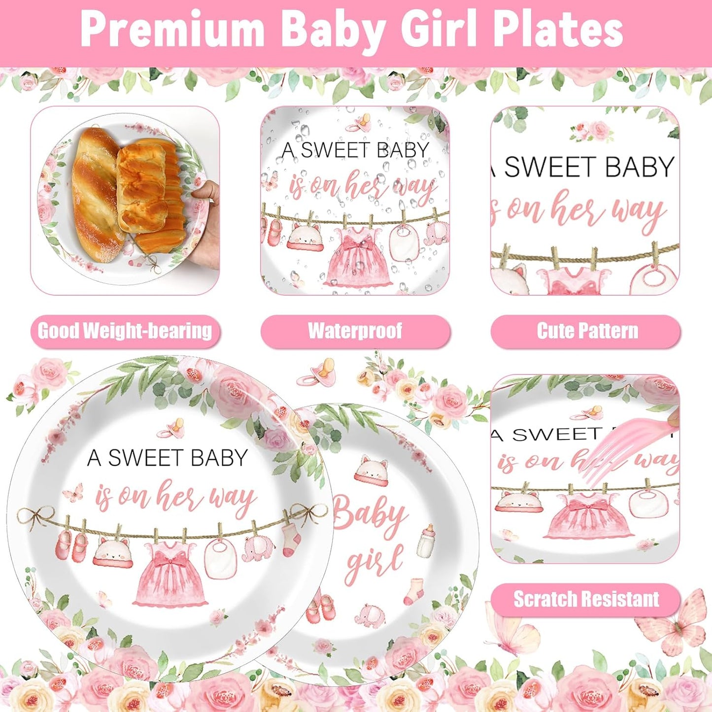 Justforjoyful 200Pcs Floral Baby Girl Shower Plates and Napkins Decoration Pink Girl Party Tableware Dinnerware Set Spring Rose Gold Paper Plates for Baby Gender Reveal Party Supplies Serves 50