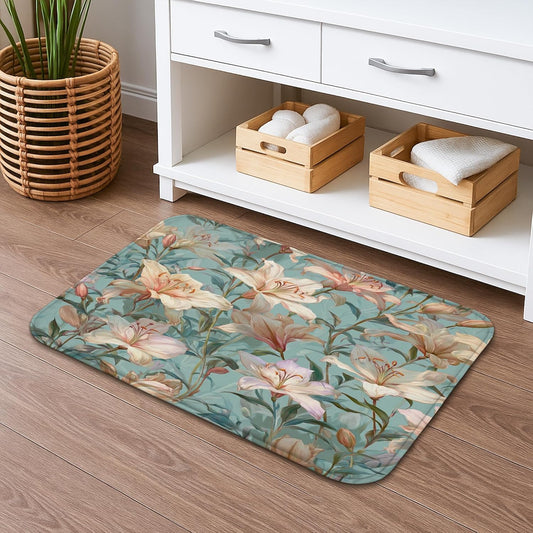 Floral Dream Quick Dry Bath Mat, Elegant Peach Lily Pattern Absorbent Non Slip Shower Mat, Summer Memory Foam Washable Bath Rugs for Bathroom Toilet Restroom Decorative 20x32 Inch