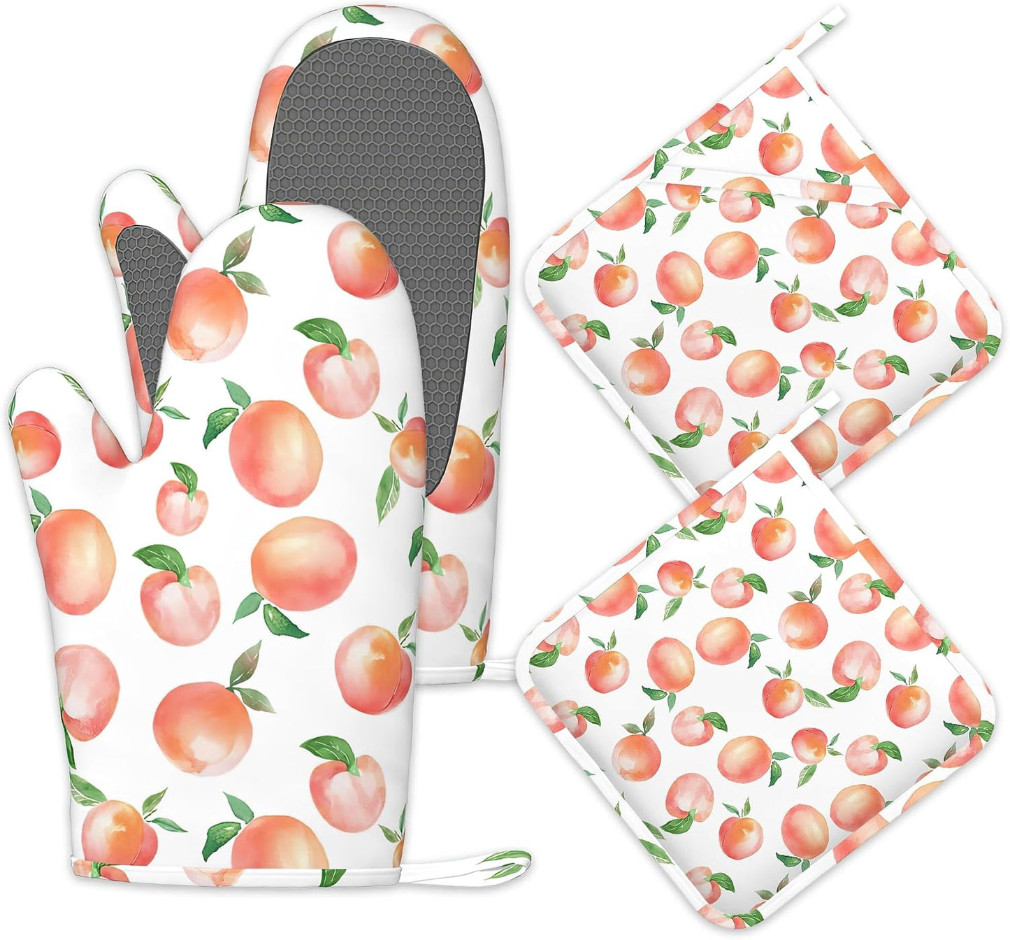 Watercolor Peaches Oven Mitts and Pot Holders Sets,Silicone Kitchen Mitts Potholders Heat Resistant 4Pcs Oven Gloves Hot Pads for Kitchen Baking Cooking