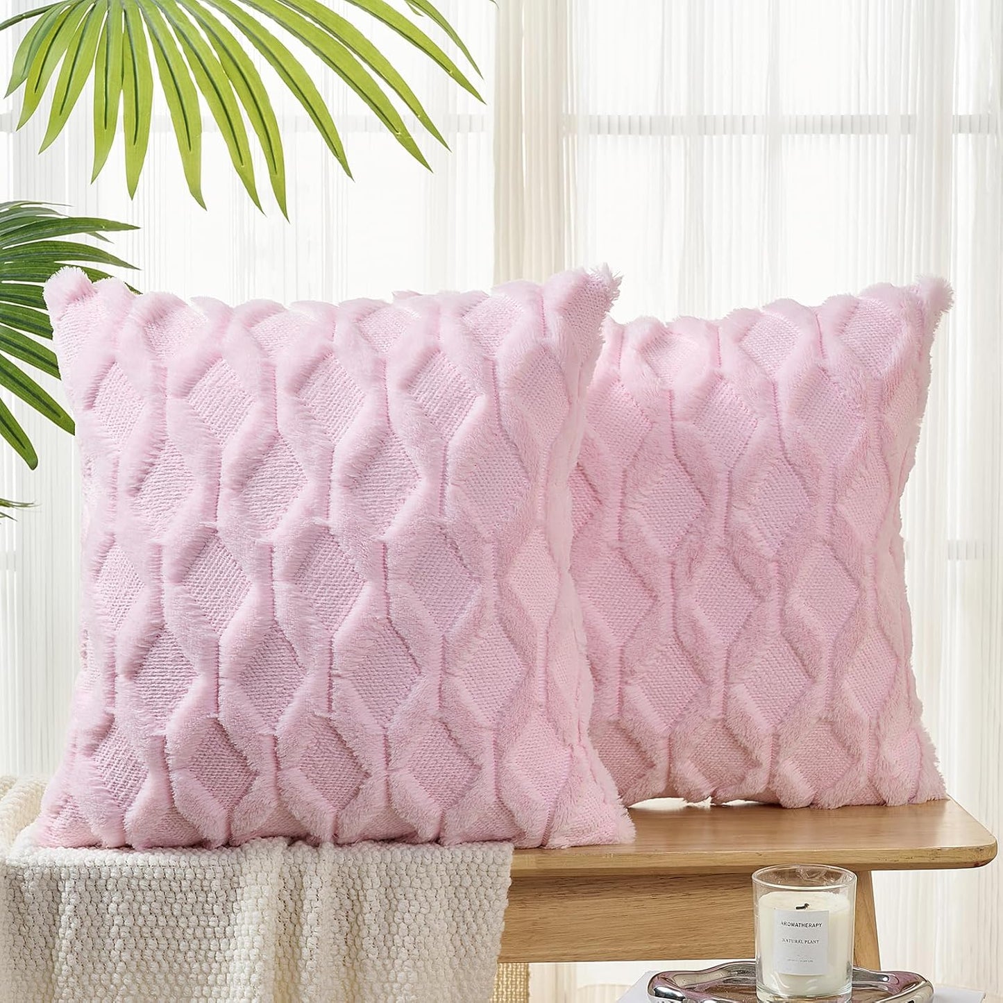 Volcanics Light Pink Valentines Pillow Covers 18x18 Inches, Pack of 2 Faux Wool Decorative Farmhouse Velvet Couch Pillow Case, Soft Plush Square Boho Cushion Pillowcase