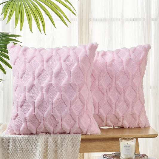 Volcanics Light Pink Valentines Pillow Covers 18x18 Inches, Pack of 2 Faux Wool Decorative Farmhouse Velvet Couch Pillow Case, Soft Plush Square Boho Cushion Pillowcase