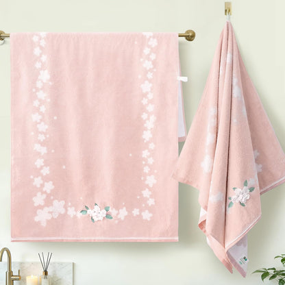 VOOVA & MOVAS Pink Bath Towels Set of 2, 28"x56" - 100% Cotton | Quick Dry | Soft | Absorbent | Lightweight, Flower Bath Towels for Bathroom & Guest, Luxury Shower Towel, Pink