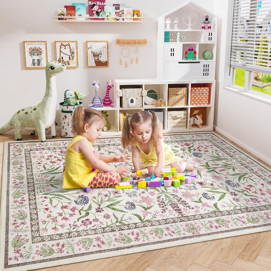 Amearea 6x9 Feet Floral Area Rugs for Living Room, Boho Pink Rugs for Bedroom Girls, Cute Kids Room Print Carpet Vintage Low Pile Machine Washable Area Rug, Office Nursery Dining Room Farmhouse Decor