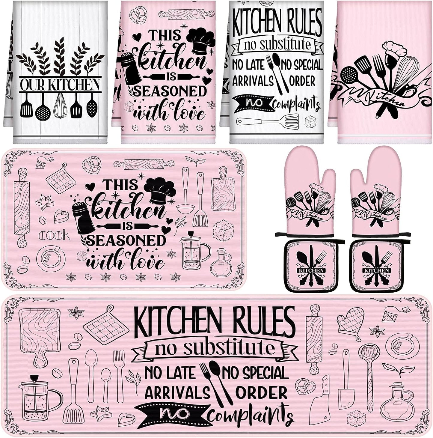 Fourluoo 10 Pcs Farmhouse Kitchen Decor and Accessories Set 4 Kitchen Towels 2 Pot Holders 2 Oven Mitts 2 Rugs for Cooking Baking Mom Housewarming Gifts(Soft Pink,Appealing Style)