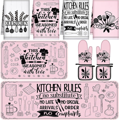Fourluoo 10 Pcs Farmhouse Kitchen Decor and Accessories Set 4 Kitchen Towels 2 Pot Holders 2 Oven Mitts 2 Rugs for Cooking Baking Mom Housewarming Gifts(Soft Pink,Appealing Style)