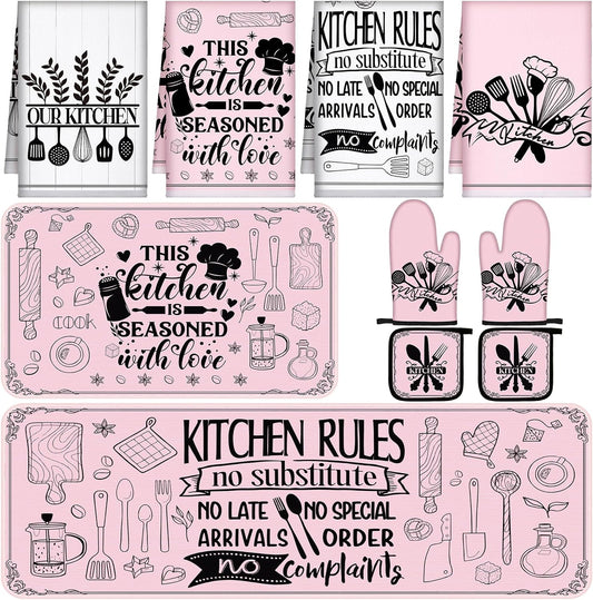 Fourluoo 10 Pcs Farmhouse Kitchen Decor and Accessories Set 4 Kitchen Towels 2 Pot Holders 2 Oven Mitts 2 Rugs for Cooking Baking Mom Housewarming Gifts(Soft Pink,Appealing Style)
