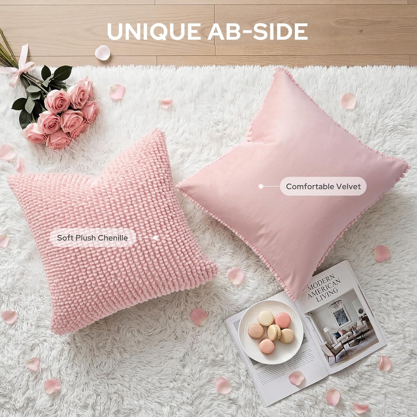 HOMEIDEAS Light Pink Decorative Chenille Throw Pillow Covers 18x18 Set of 2, Thick Soft Plush Pillow Covers for Couch Sofa Bed Living Room Home Decor