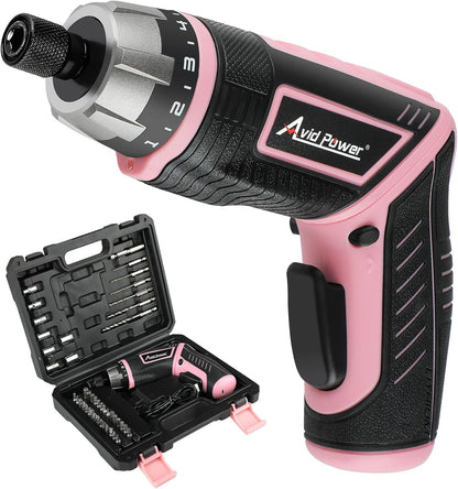 AVID POWER Electric Cordless Screwdriver Set Rechargeable 4V Power Screwdriver Kit with 44pcs Accessories, 5.65Nm Screw Gun, 5+1 Torque Setting, 2 Position Handle with LED Light - Pink Tools for Women