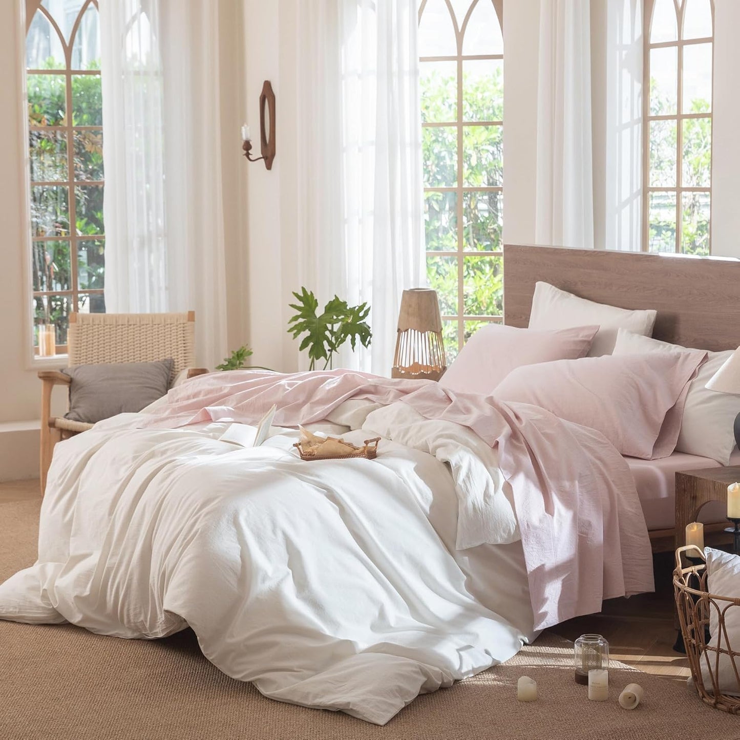 MooMee Bedding Sheet Set 100% Cotton Like Textured Breathable Durable Soft Comfy (Heathered Greyish Pink, Queen)