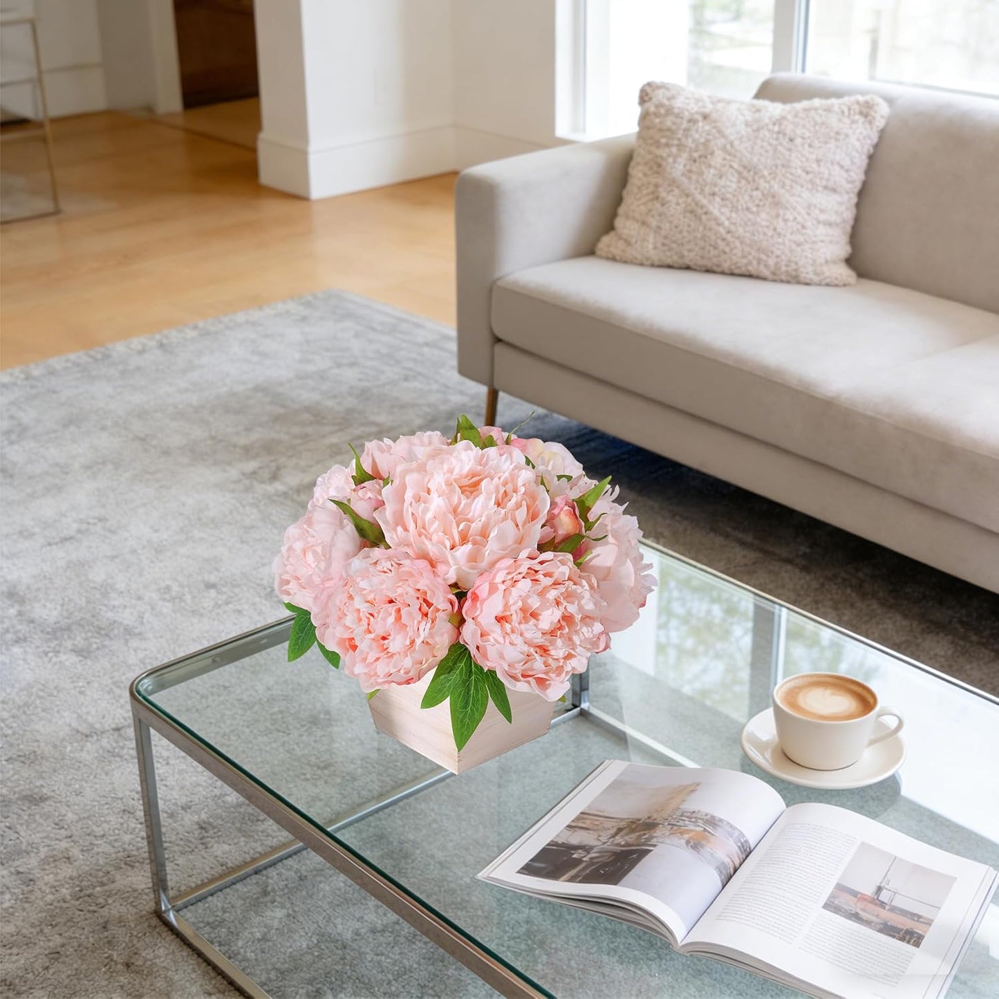 Artificial Hydrangea Flowers Arrangement in Wood Planter, 4PCS Fake Flowers in Wooden Vase Potted Floral Centerpieces for Tables Living Room Home Office Kitchen Decor (Light Pink Peony)