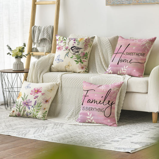 AVOIN colorlife Spring Saying Flowers Butterfly Pink Throw Pillow Covers, 18 x 18 Inch Home Sweet Home Cushion Case for Sofa Couch Set of 4