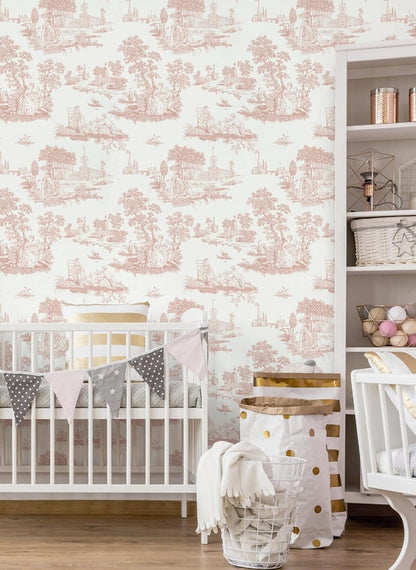 Hopepak Pink Toile Peel and Stick Wallpaper Vintage Contact Paper Self Adhesive Waterproof Removable French Wall Paper for Cabinets Shelf Drawer Bedroom Bathroom 17.3''x78.7''