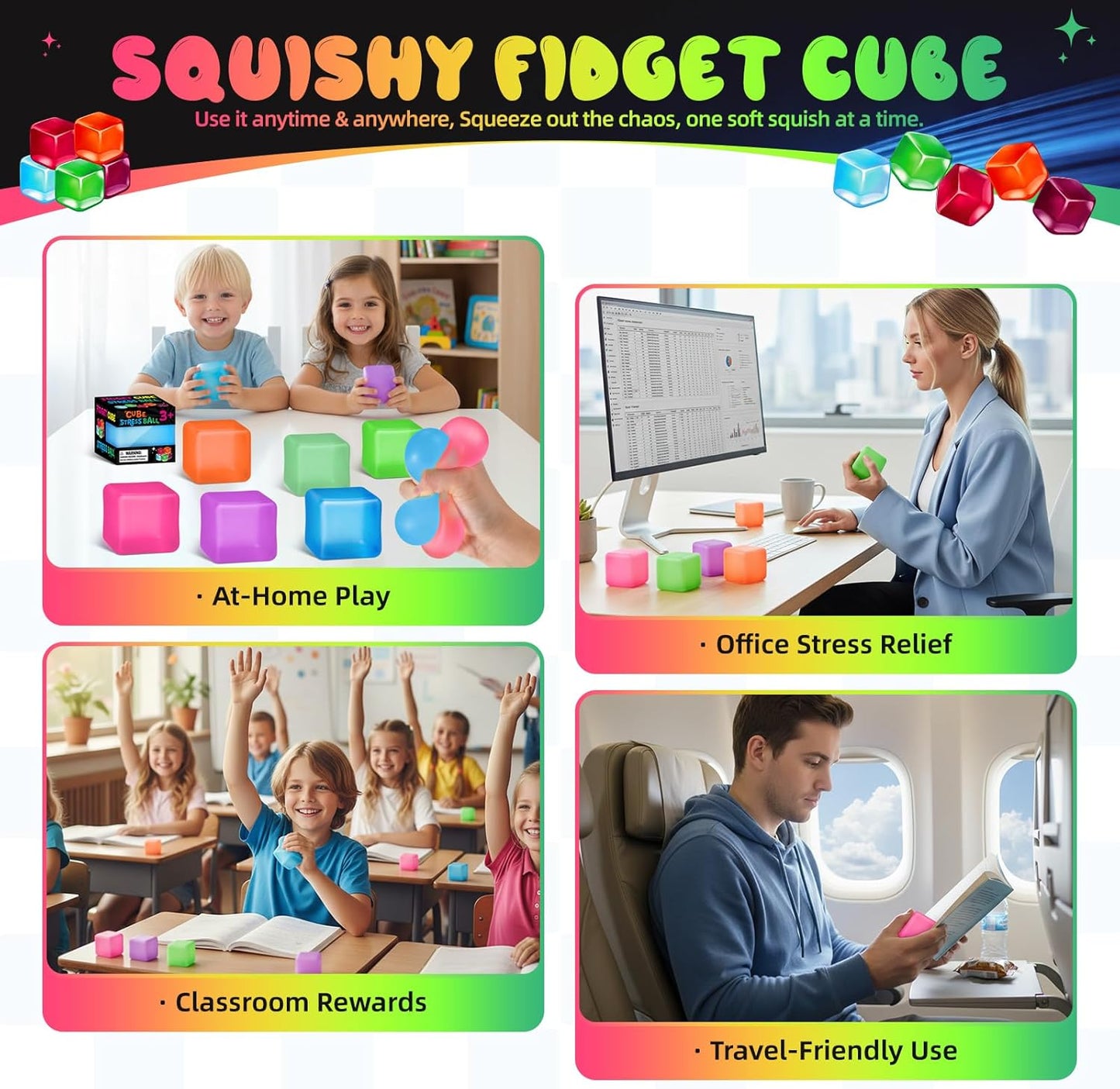 Stress Cube Squishy Fidget Toys, Slow Rising Ice Cube Sensory Stress Balls for Kids Adults Anxiety Relief Squeeze Toy for Classroom Prizes Party Favors (Pink)