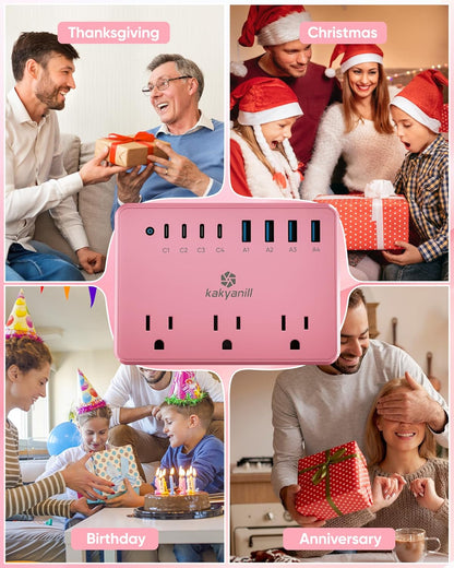 Kakyanill Pink Power Strip, 6 AC Outlets 8 USB Ports(4 USB C) with 2000J Surge Protector, 5ft Flat Plug Pink Extension Cord, Compact for Desk Home, Office, Dorm